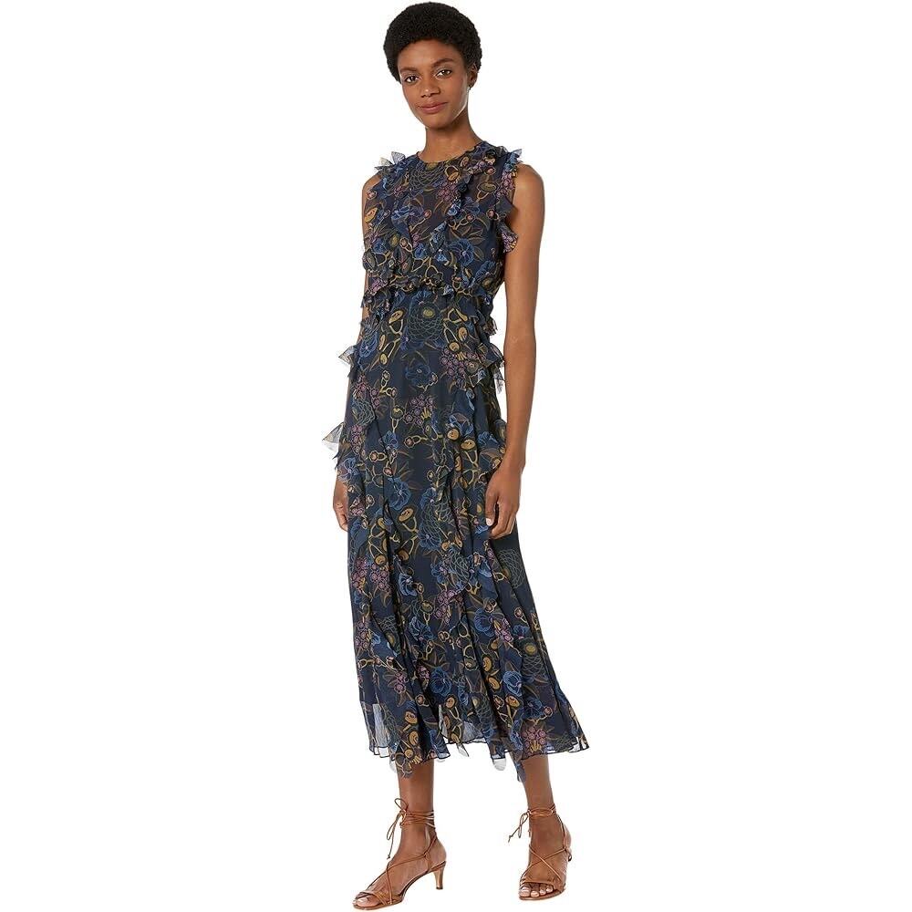 Ted Baker Navy Blue Dark Floral Ruffle Maxi Gown Dress Sz 2 Whimsigoth Sheer